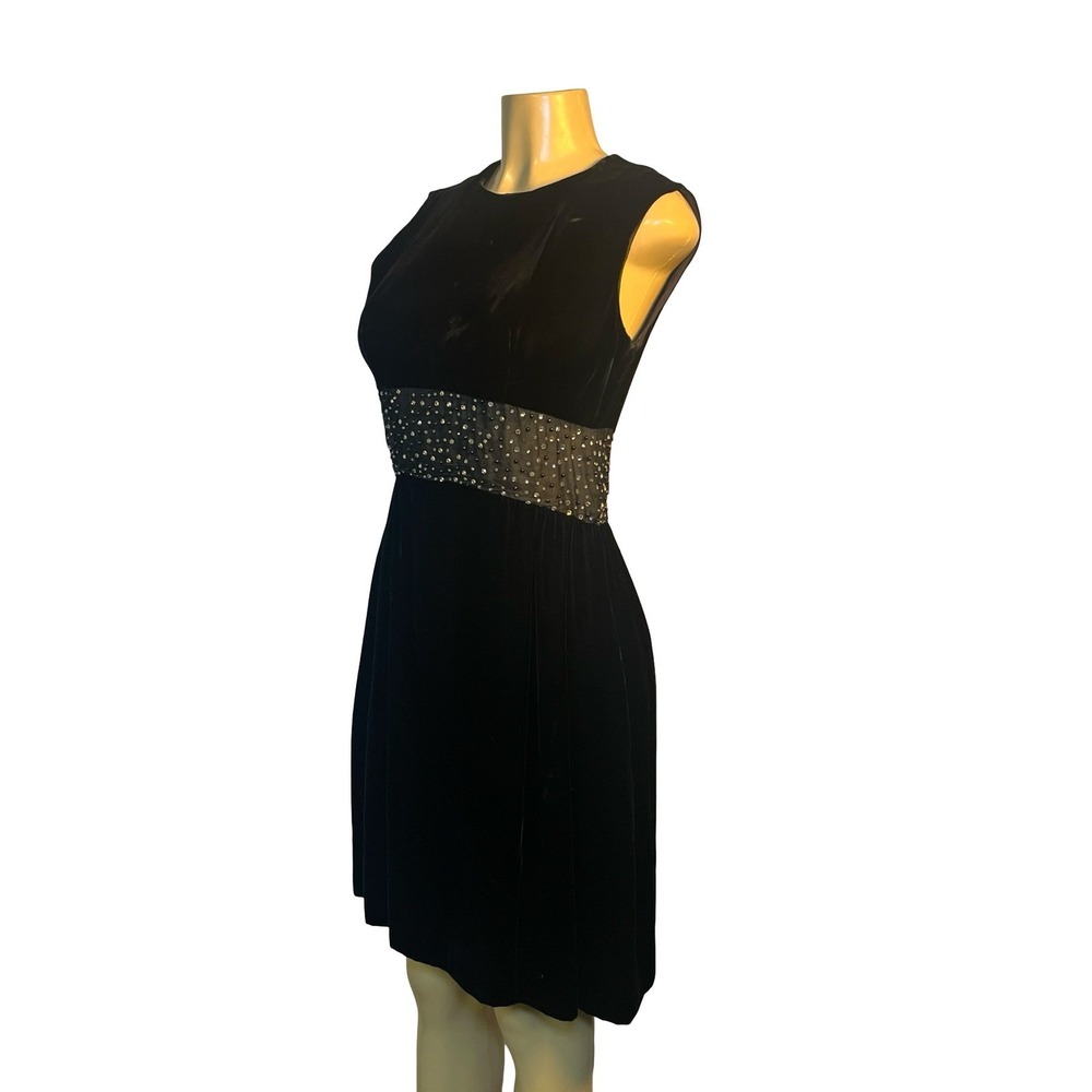 Romantica by Victor Costa Vintage Black Velvet Rhinestone Mesh Waist Dress 8